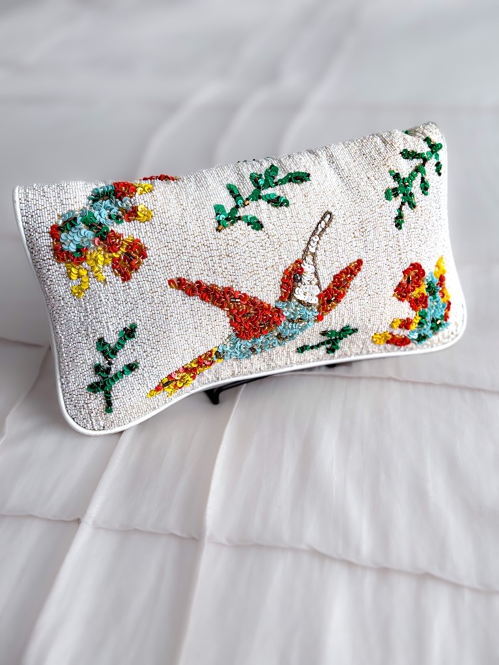 Alice + Olivia White Beaded Clutch with Multicolor Floral & Bird Motif